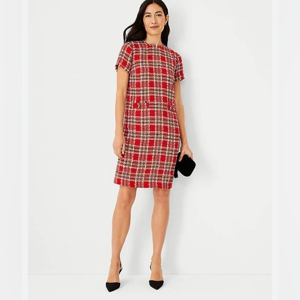 ✨⚡️💥Ann Taylor Petite Plaid Tweed Pocket Shift Dress Size 2P